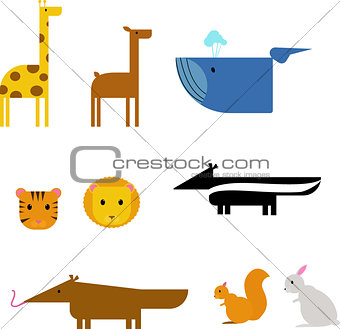 Cartoon animals. zoo set wildlife flat vector illustration.