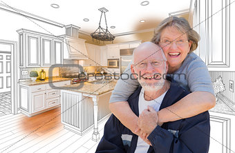 Senior Couple Over Custom Kitchen Design Drawing and Photo