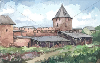 Wall of the monastery, watercolor