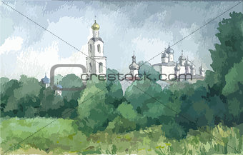 Russian landscape with a monastery, watercolor