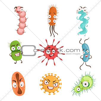 Viruses And Bacterria Cartoon Characters Set