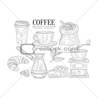 Coffee Related Object And Food Set Hand Drawn Realistic Sketch