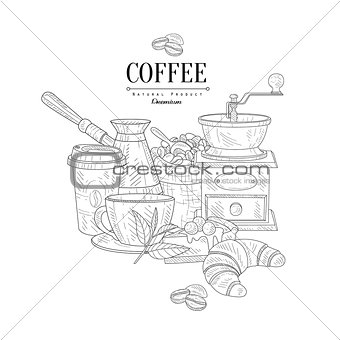 Coffee Breakfast Still Life Hand Drawn Realistic Sketch