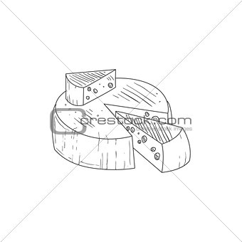 Round Cheese With A Segment Cut Out Hand Drawn Realistic Sketch