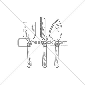Three Special Knives For Cheese Hand Drawn Realistic Sketch