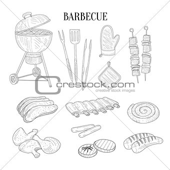 Barbecue Related Isolated Items And Food Hand Drawn Realistic Sketch