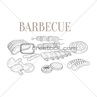 Meat For Barbecue Isolated Hand Drawn Realistic Sketches