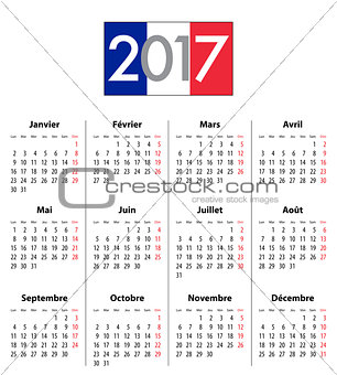 French Calendar grid for 2017 year flag colors