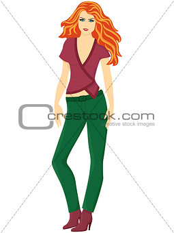 Lady in green pants and in marsala color blouse