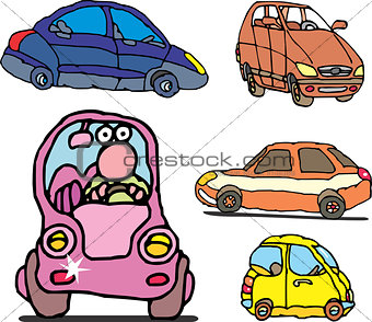 Set of comic non-brand family cars