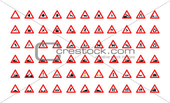 Set of triangular road signs isolated on white