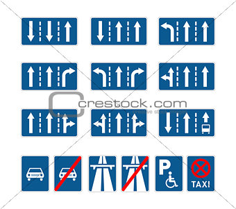 Set of different blue road signs on white