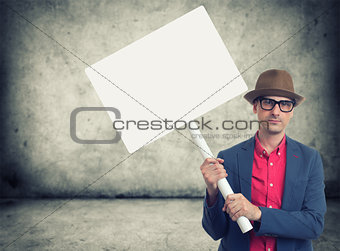 trendy man holding protest sign