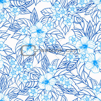Summer colorful hawaiian seamless pattern with tropical plants and hibiscus flowers.