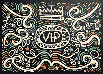 VIP. Hand drawn vintage print with decorative outline ornament. 