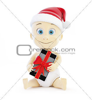 child in santa hat, gift phone on a white background