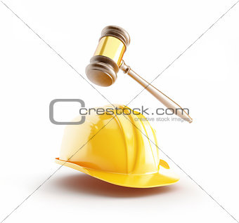 construction helmet, wood gavel, law