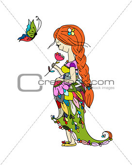 Beautiful pregnant woman with butterfly, sketch for your design