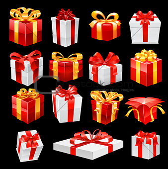 Bunch of gift boxes with ribbons. Vector