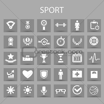 Vector flat icons set and graphic design elements. Illustration with sport, fitness outline symbols.