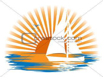 Landscape with a sailboat on the background of sunset