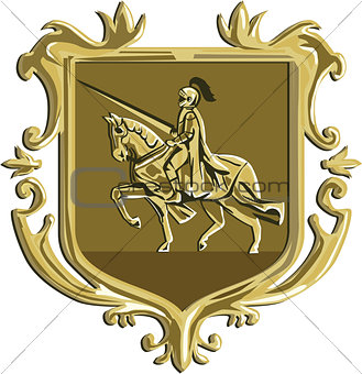 Knight Riding Steed Lance Coat of Arms Retro