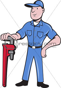 Plumber Standing Pipe Wrench Cartoon