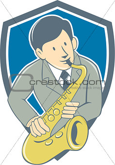 Musician Playing Saxophone Shield Cartoon