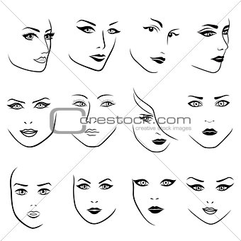 Set of twelve outlines of young women faces 