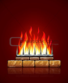 Burning flames of fire in brick stones fireplace vector