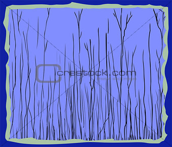 Blue framed illustration of tall thin trees