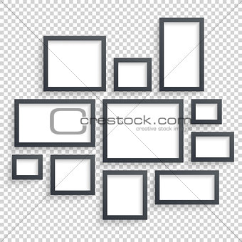 Picture frames vector. Photo art gallery. Dark Blank Collection on Wall with Transparent Realistic Shadow