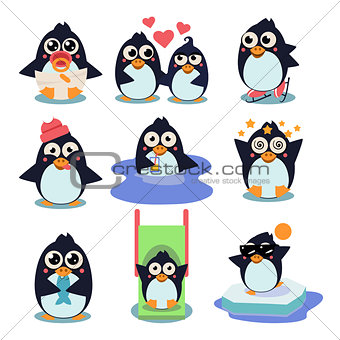 Penguin Set Illustration, with Penguins in Different Situations