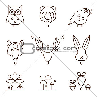Animal Heads and Plants Icons Set Linear Style