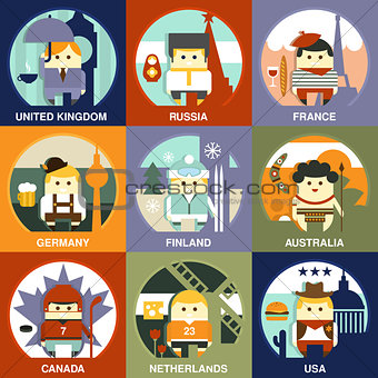 People of Different Nationalities Flat Style Vector Illustration Set