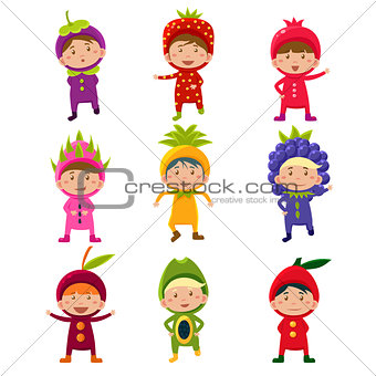 Cute Children in Fruit and Berry Costumes Vector Illustration