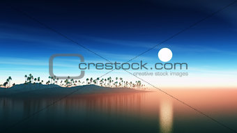 3D island with palm trees at sunset