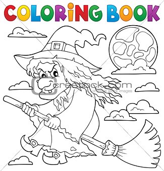 Coloring book witch on broom theme 1