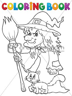 Coloring book witch with cat and broom