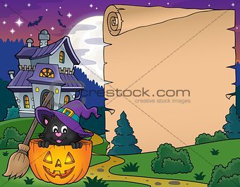 Halloween parchment with cat in pumpkin