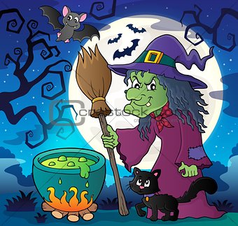 Witch with cat and broom theme image 2