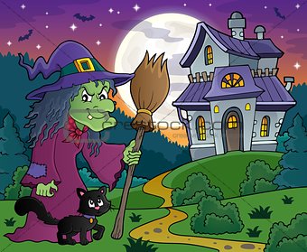 Witch with cat and broom theme image 4