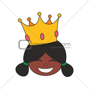 Happy little african princess head in crown vector illustration isolated on white background
