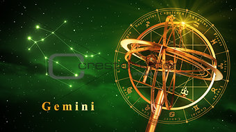 Armillary Sphere And Constellation Gemini Over Green Background