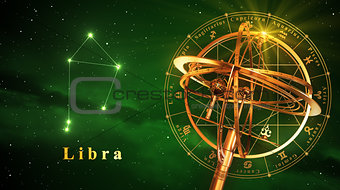 Armillary Sphere And Constellation Libra Over Green Background