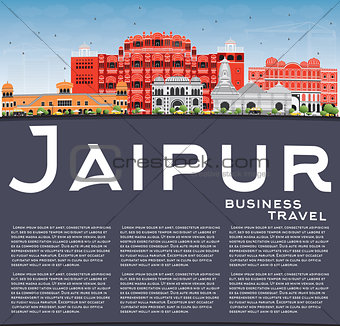 Jaipur Skyline with Color Landmarks, Blue Sky and Copy Space. 