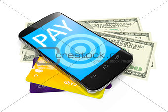 smartphone, dollar notes and credit cards for mobile payment