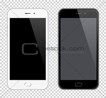 Realistic Vector Mobile Phone. Smartphone mock-up. Black and white phones on transparent background