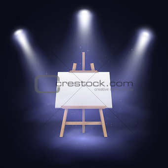 Illuminated stage with scenic lights and blank canvas on a wooden easel. Vector illustration.