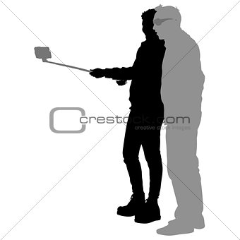Silhouettes man and woman taking selfie with smartphone on white background. Vector illustration